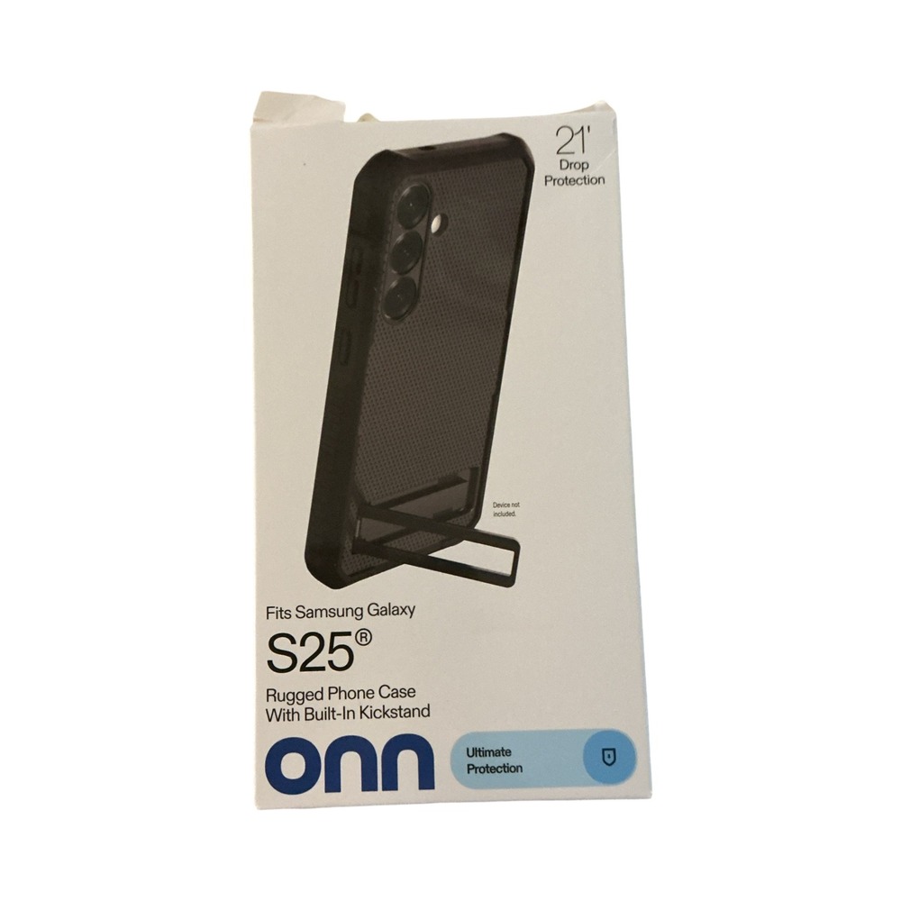 onn. Samsung Galaxy S25 Rugged Phone Case with Kickstand Black 21ft Drop Test